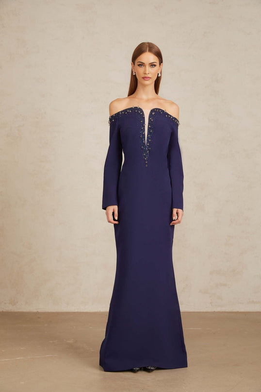 Joyanna Blue Off-Shoulder Embellished Gown in Blue color