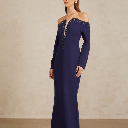 Joyanna in Blue Off-Shoulder Embellished Gown with Crystal and Rhinestone Detailing