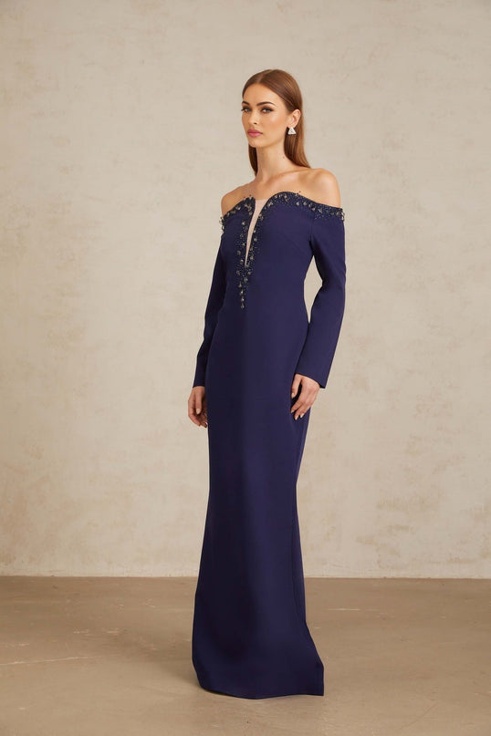 Joyanna in Blue Off-Shoulder Embellished Gown with Crystal and Rhinestone Detailing
