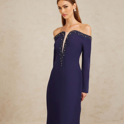 Joyanna Blue Off-Shoulder Embellished Gown in Blue color