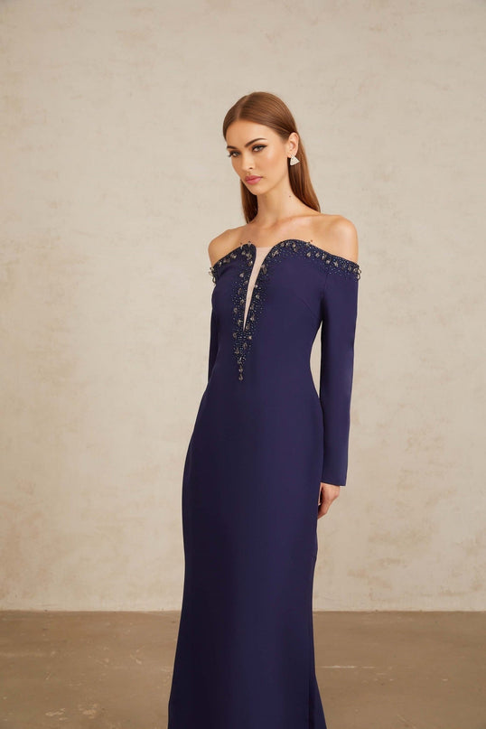 Joyanna Blue Off-Shoulder Embellished Gown in Blue color