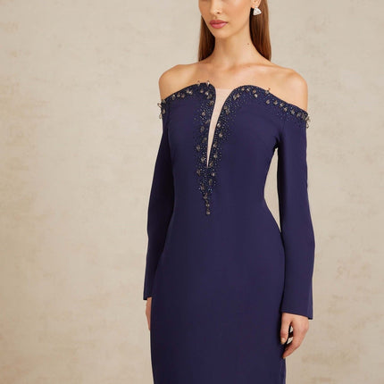 Joyanna Blue Off-Shoulder Embellished Gown in Blue color