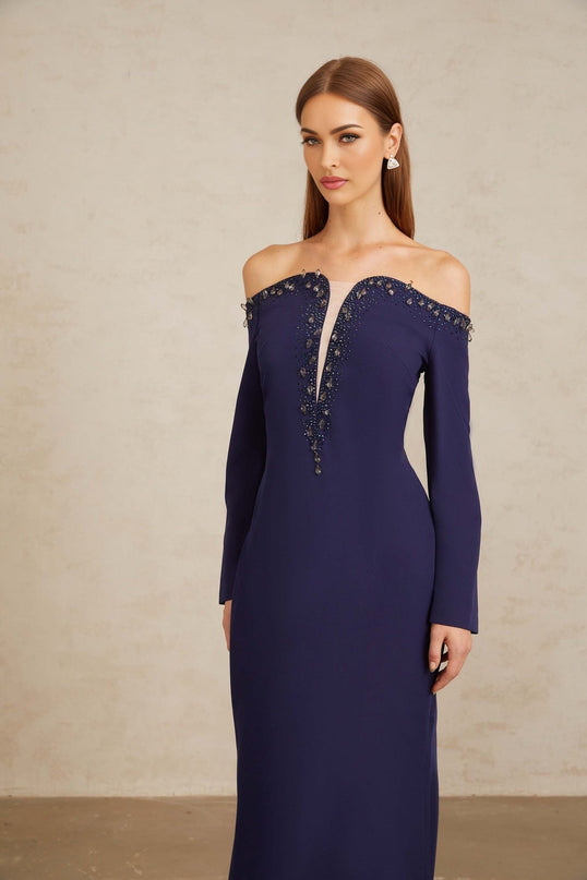 Joyanna Blue Off-Shoulder Embellished Gown in Blue color