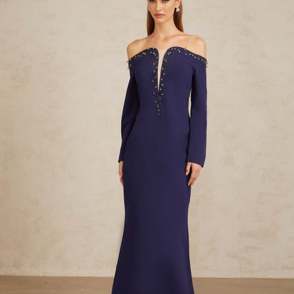 Joyanna Blue Off-Shoulder Embellished Gown in Blue color