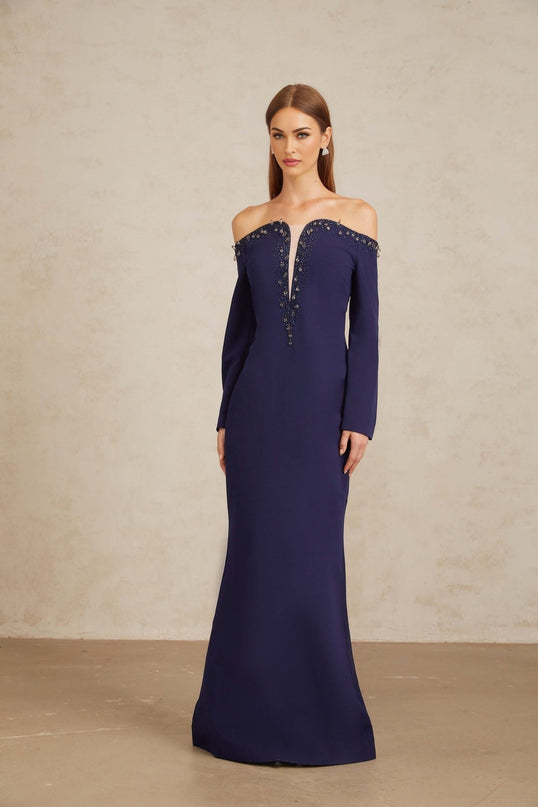 Joyanna Blue Off-Shoulder Embellished Gown in Blue color