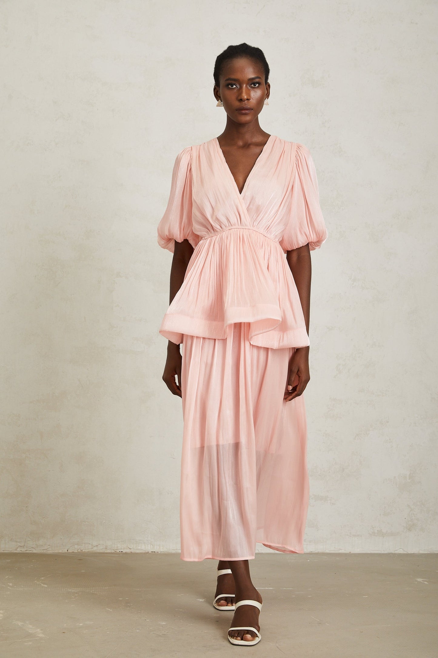 Joyanna Pink Pleated Glossy Maxi Dress