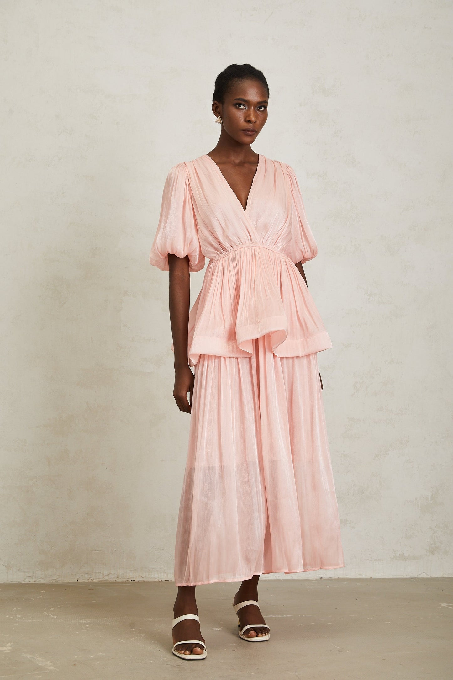 Joyanna Pink Pleated Glossy Maxi Dress