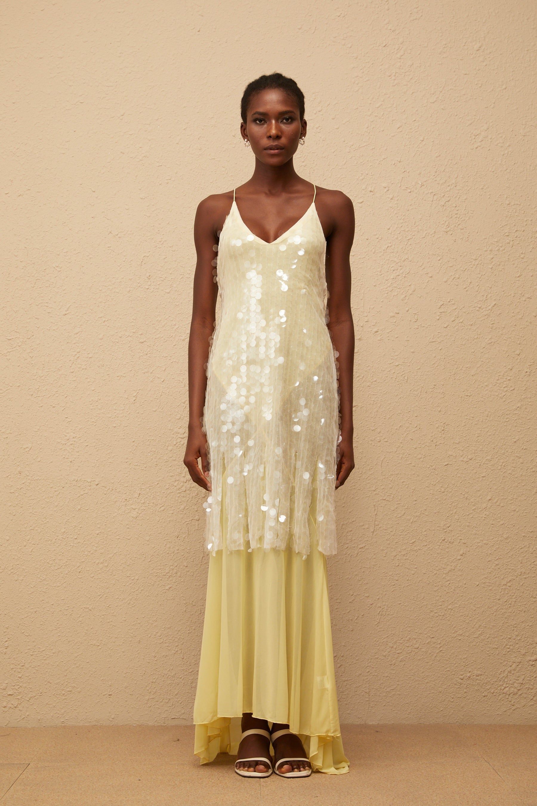 Joyau Yellow Sequin Mesh Maxi Dress