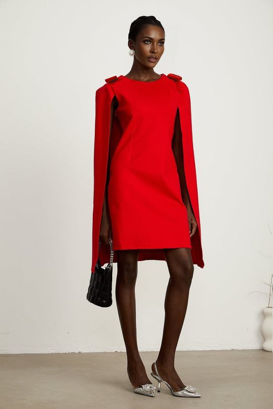 Judith red bowdetail cape mini dress