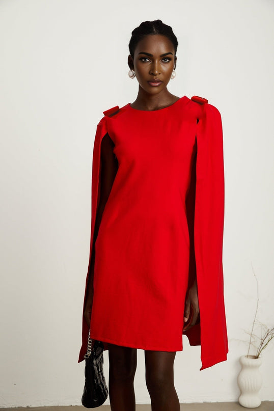 Judith red bowdetail cape mini dress
