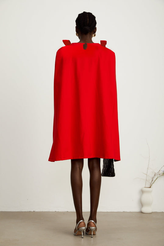 Judith red bowdetail cape mini dress