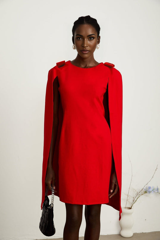 Judith red bowdetail cape mini dress