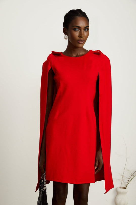 Judith red bowdetail cape mini dress