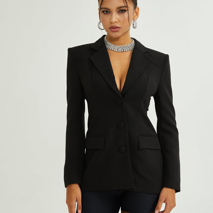 Julia Black Crystal Embellished Blazer with Scoop Back Design and Notched Lapels