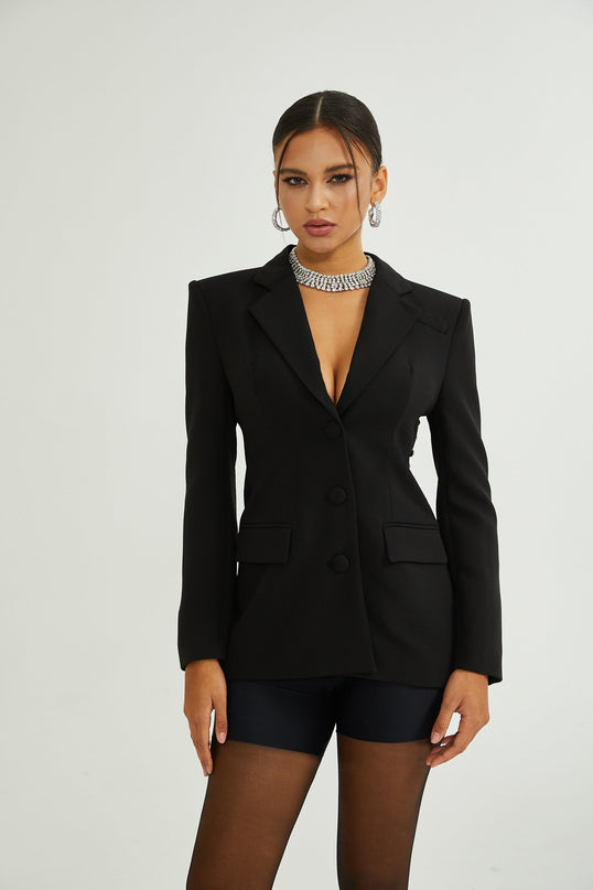 Julia Black Crystal Embellished Blazer with Scoop Back Design and Notched Lapels