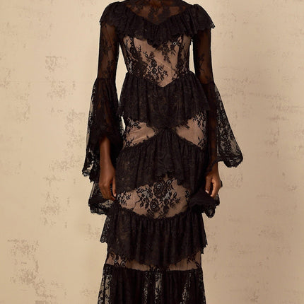 Julia Black Floral Lace Maxi Dress with Flared Sleeves and Ruffled Detailing