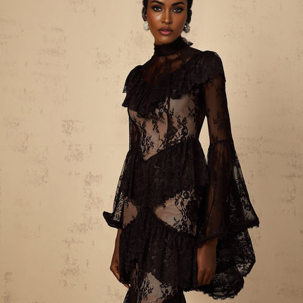 Julia Black Floral Lace Maxi Dress with Flared Sleeves and Ruffled Detailing