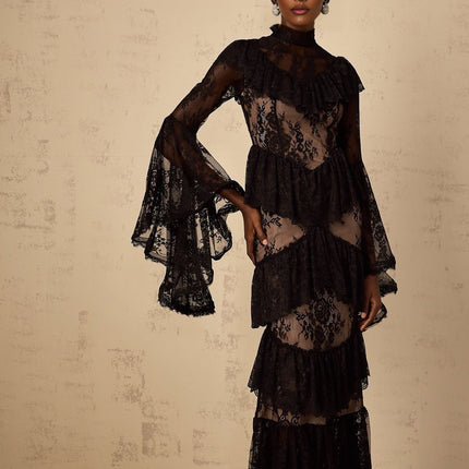 Julia Black Floral Lace Maxi Dress with Flared Sleeves and Ruffled Detailing