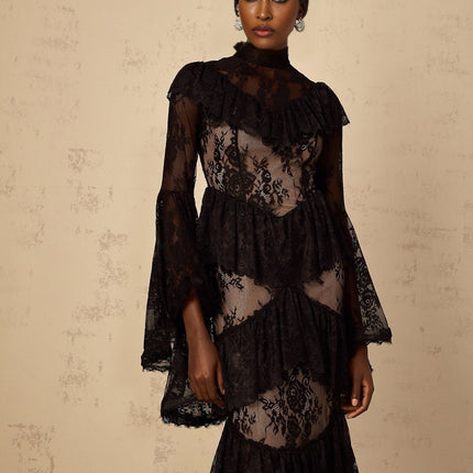 Julia Black Floral Lace Maxi Dress with Flared Sleeves and Ruffled Detailing