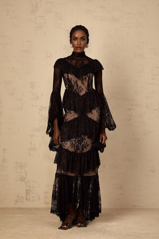 Julia Black Floral Lace Maxi Dress with Flared Sleeves and Ruffled Detailing