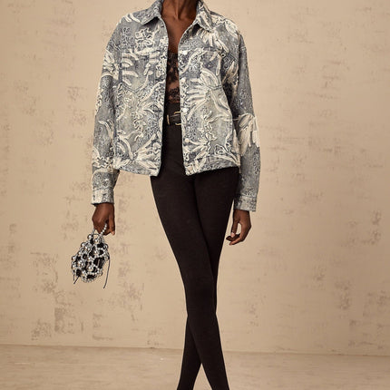 Julia Blue Denim Jacket with Flower Embroidery and Rhinestone Sequin Embellishments