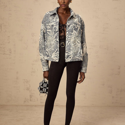 Julia Blue Denim Jacket with Flower Embroidery and Rhinestone Sequin Embellishments