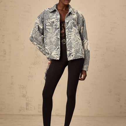 Julia Blue Denim Jacket with Flower Embroidery and Rhinestone Embellishments