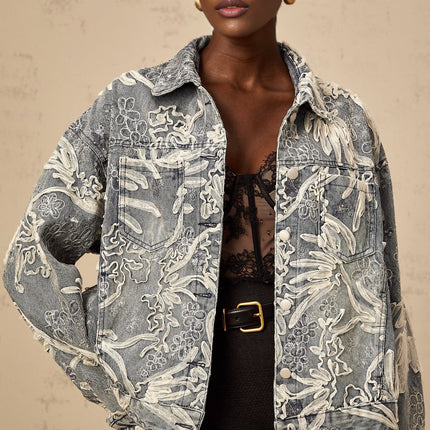 Julia Blue Denim Jacket with Flower Embroidery and Rhinestone Sequin Embellishments
