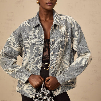 Julia Blue Denim Jacket with Flower Embroidery and Rhinestone Sequin Embellishments