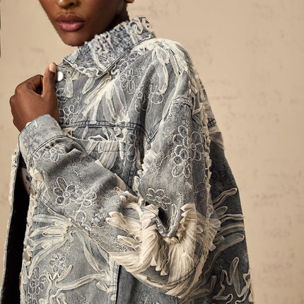 Julia Blue Denim Jacket with Flower Embroidery and Rhinestone Sequin Embellishments