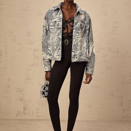 Julia Blue Denim Jacket with Flower Embroidery and Rhinestone Sequin Embellishments