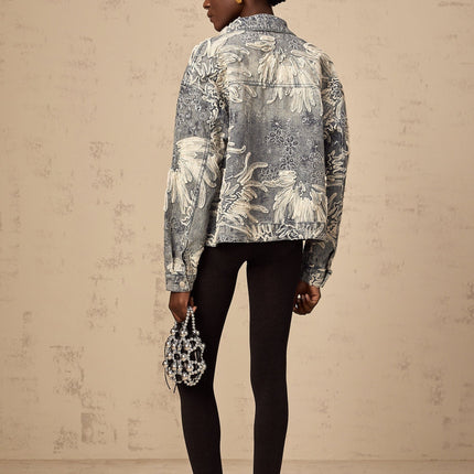 Julia Blue Denim Jacket with Flower Embroidery and Rhinestone Embellishments