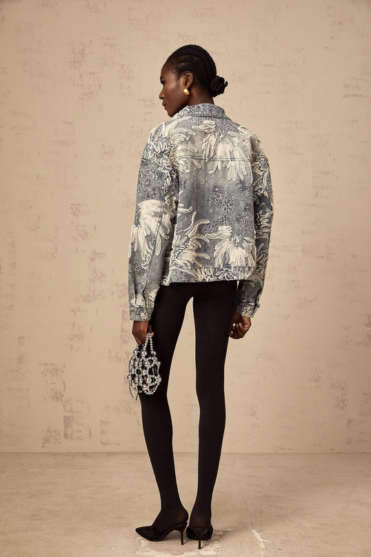 Julia Blue Denim Jacket with Flower Embroidery and Rhinestone Embellishments
