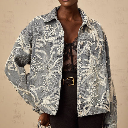 Julia Blue Denim Jacket with Flower Embroidery and Rhinestone Sequin Embellishments