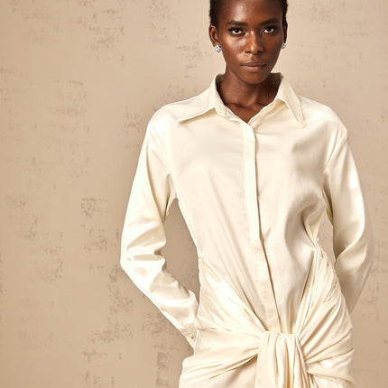 Julia Cream White Satin Mini Dress with Ruched Detailing and Self-Tie Ribbon Design