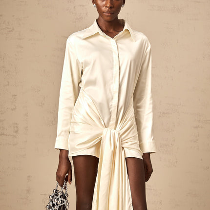 Julia Cream White Satin Mini Dress with Ruched Detailing and Self-Tie Ribbon