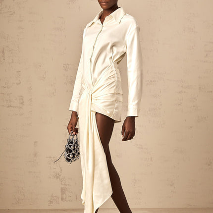 Julia Cream White Satin Mini Dress with Ruched Detailing and Self-Tie Ribbon Design