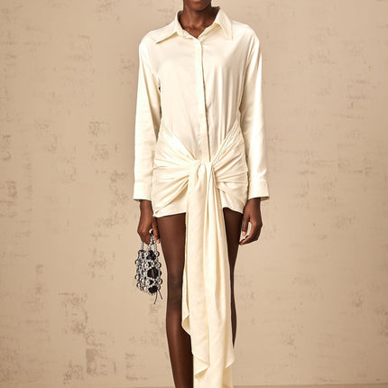 Julia Cream White Satin Mini Dress with Ruched Detailing and Self-Tie Ribbon Design