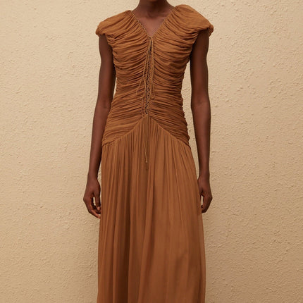 Julia Maxi Dress Brown Chiffon V-Neck Ruched Pleated Drawstring Cap Sleeves Fitted Waistline 100% Viscose Rear Zip Fastening