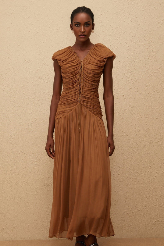 Julia Maxi Dress Brown Chiffon V-Neck Ruched Pleated Drawstring Cap Sleeves Fitted Waistline 100% Viscose Rear Zip Fastening