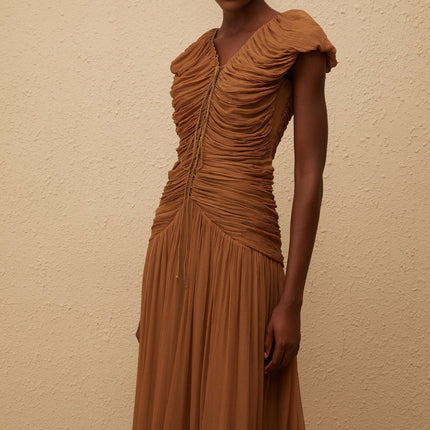 Julia Maxi Dress Brown Chiffon V-Neck Ruched Pleated Cap Sleeves Drawstring Waistline Rear Zip Fastening