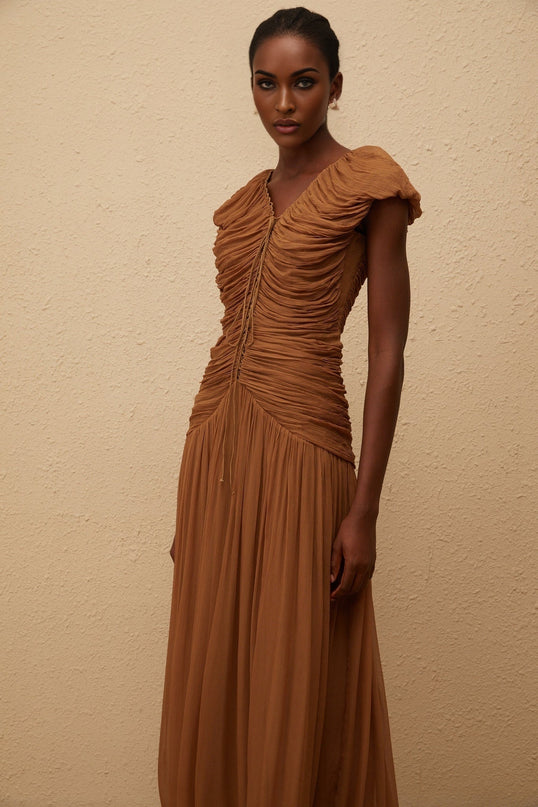 Julia Maxi Dress Brown Chiffon V-Neck Ruched Pleated Cap Sleeves Drawstring Waistline Rear Zip Fastening