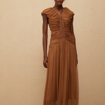 Julia Maxi Dress Brown Chiffon V-neck Ruched Pleated Cap Sleeves Fitted Waistline 100% Viscose Drawstring Rear Zip Fastening