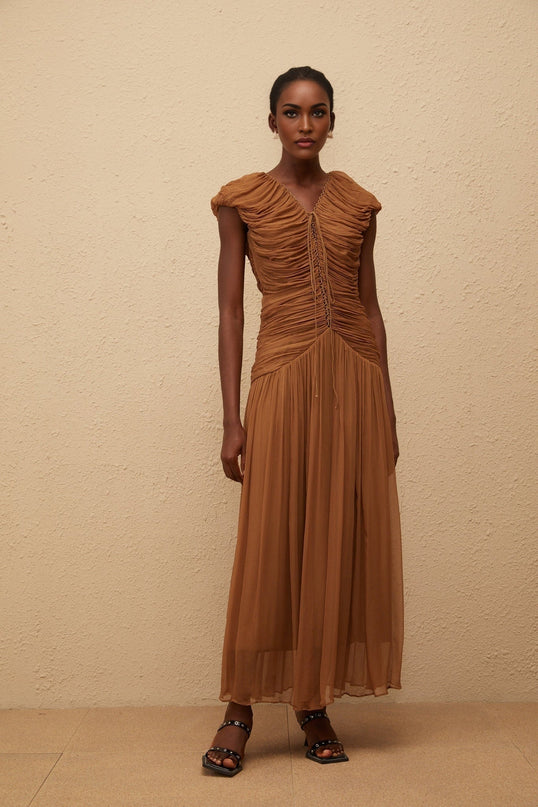 Julia Maxi Dress Brown Chiffon V-neck Ruched Pleated Cap Sleeves Fitted Waistline 100% Viscose Drawstring Rear Zip Fastening