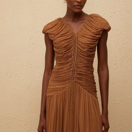 Julia Maxi Dress in Brown Chiffon V-Neck Ruched Detailing Cap Sleeves