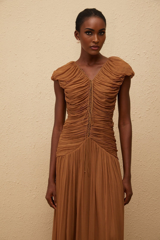 Julia Maxi Dress in Brown Chiffon V-Neck Ruched Detailing Cap Sleeves