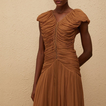 Julia Maxi Dress Brown Chiffon V-neck Ruched Pleated Drawstring Cap sleeves Fitted Waistline 100% Viscose Rear Zip Fastening