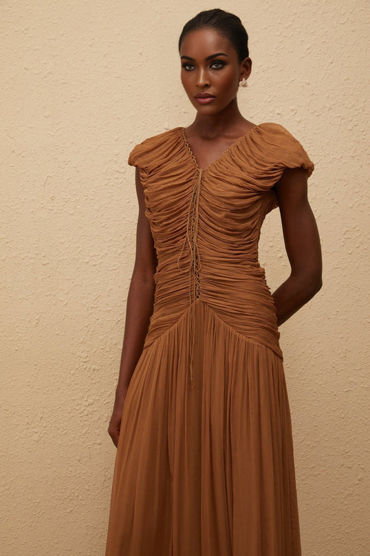 Julia Maxi Dress Brown Chiffon V-neck Ruched Pleated Drawstring Cap sleeves Fitted Waistline 100% Viscose Rear Zip Fastening