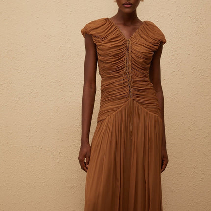 Julia Maxi Dress Brown Chiffon V-neck Ruched Pleated Drawstring Cap sleeves Fitted waistline 100% viscose Rear zip fastening