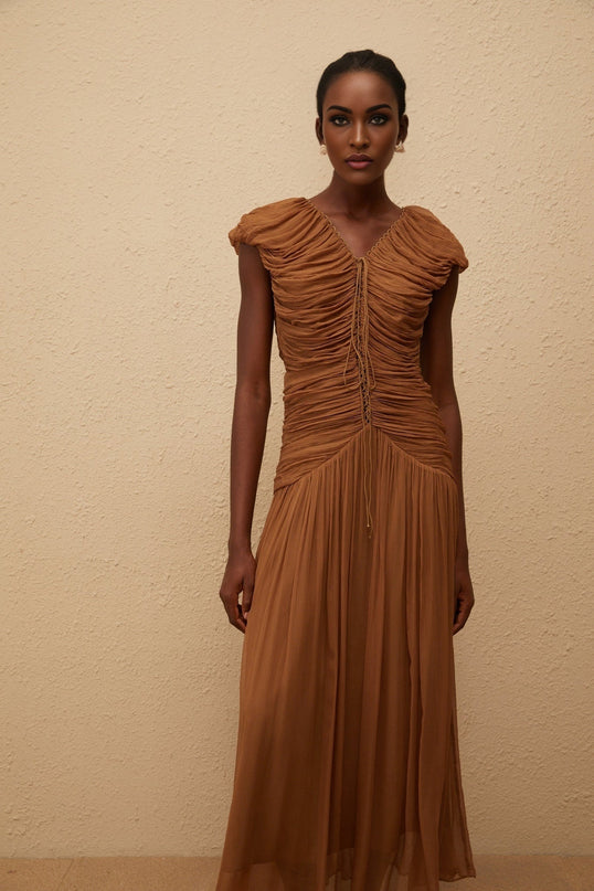 Julia Maxi Dress Brown Chiffon V-neck Ruched Pleated Drawstring Cap sleeves Fitted waistline 100% viscose Rear zip fastening